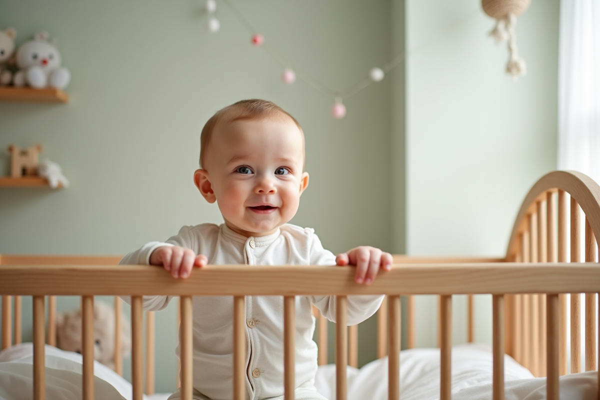Bébé garçon regardant par les barreaux du lit en bois