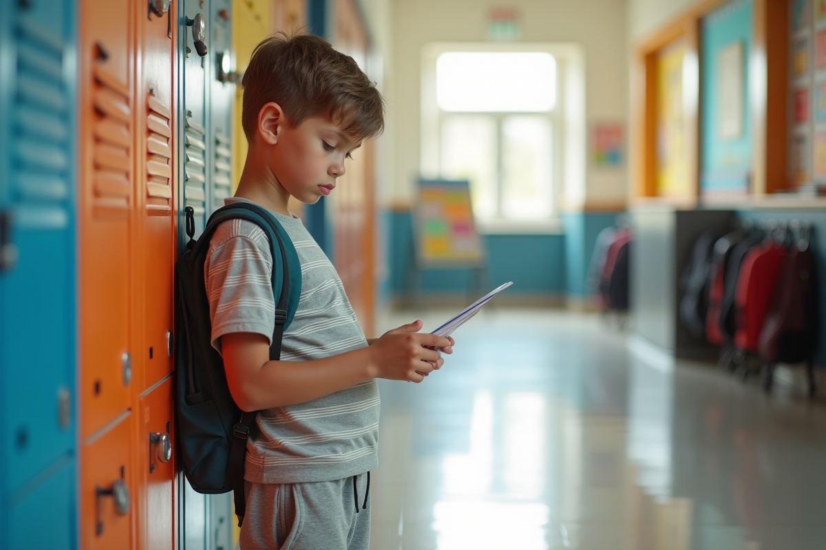 Garçon de 10 ans dans un couloir scolaire avec note à la main
