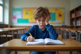 Garçon de 9 ans inquiet à son bureau scolaire