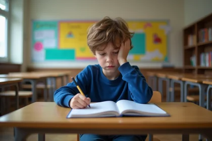 Garçon de 9 ans inquiet à son bureau scolaire