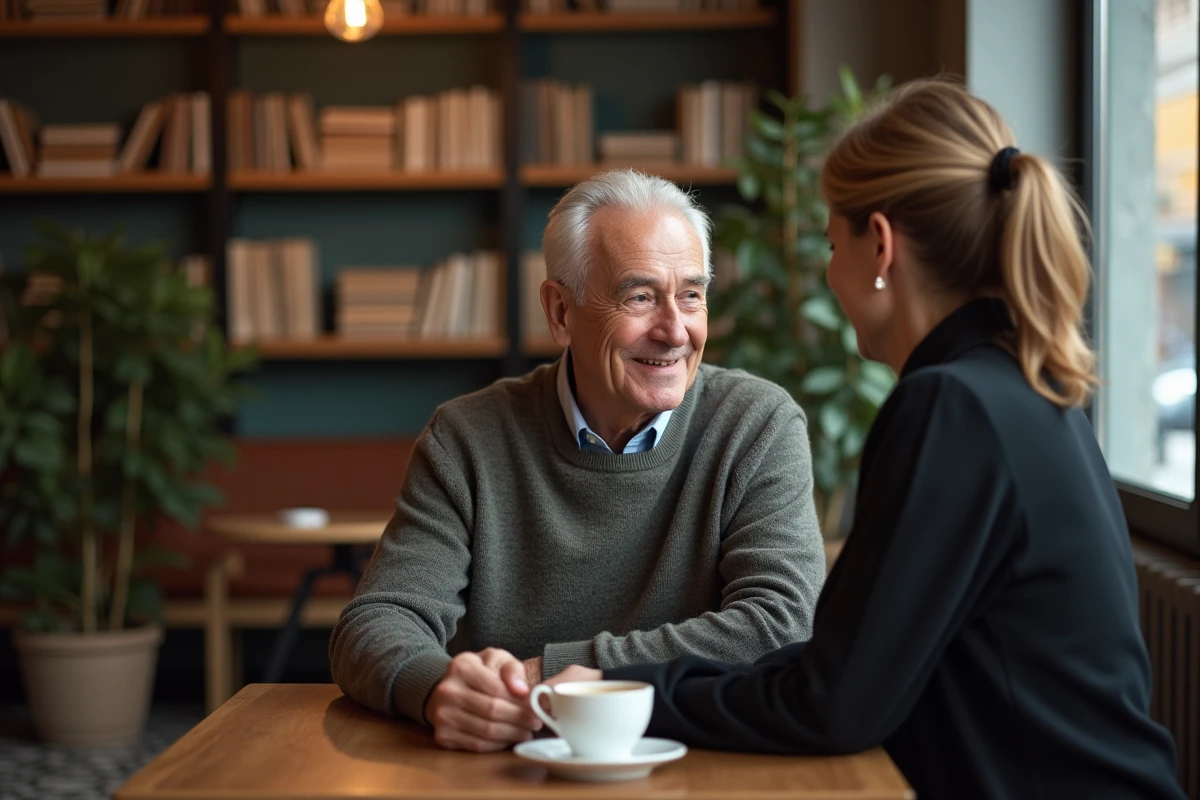 Philippe Gougler au café avec une femme en arrière-plan