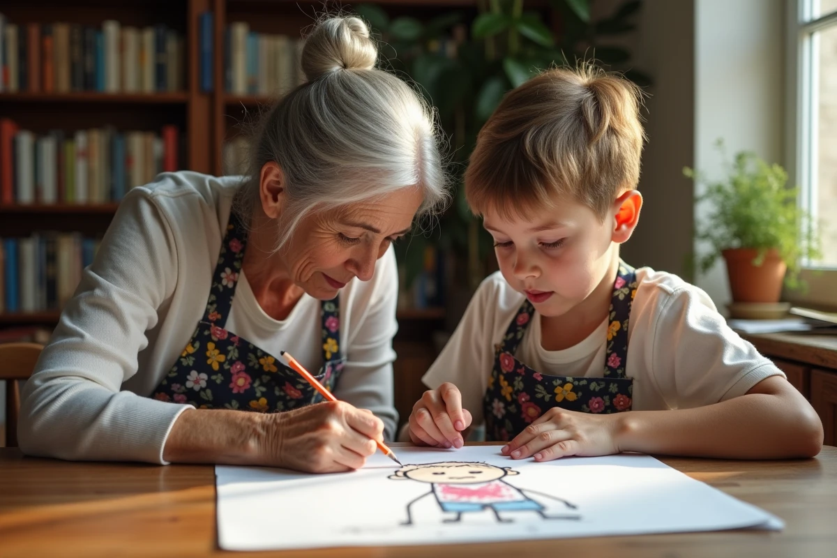 Grand-mère aidant son petit-fils à écrire un poème sous un dessin pour la fête des pères