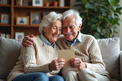 Grandparents souriants tenant une carte dans un salon chaleureux