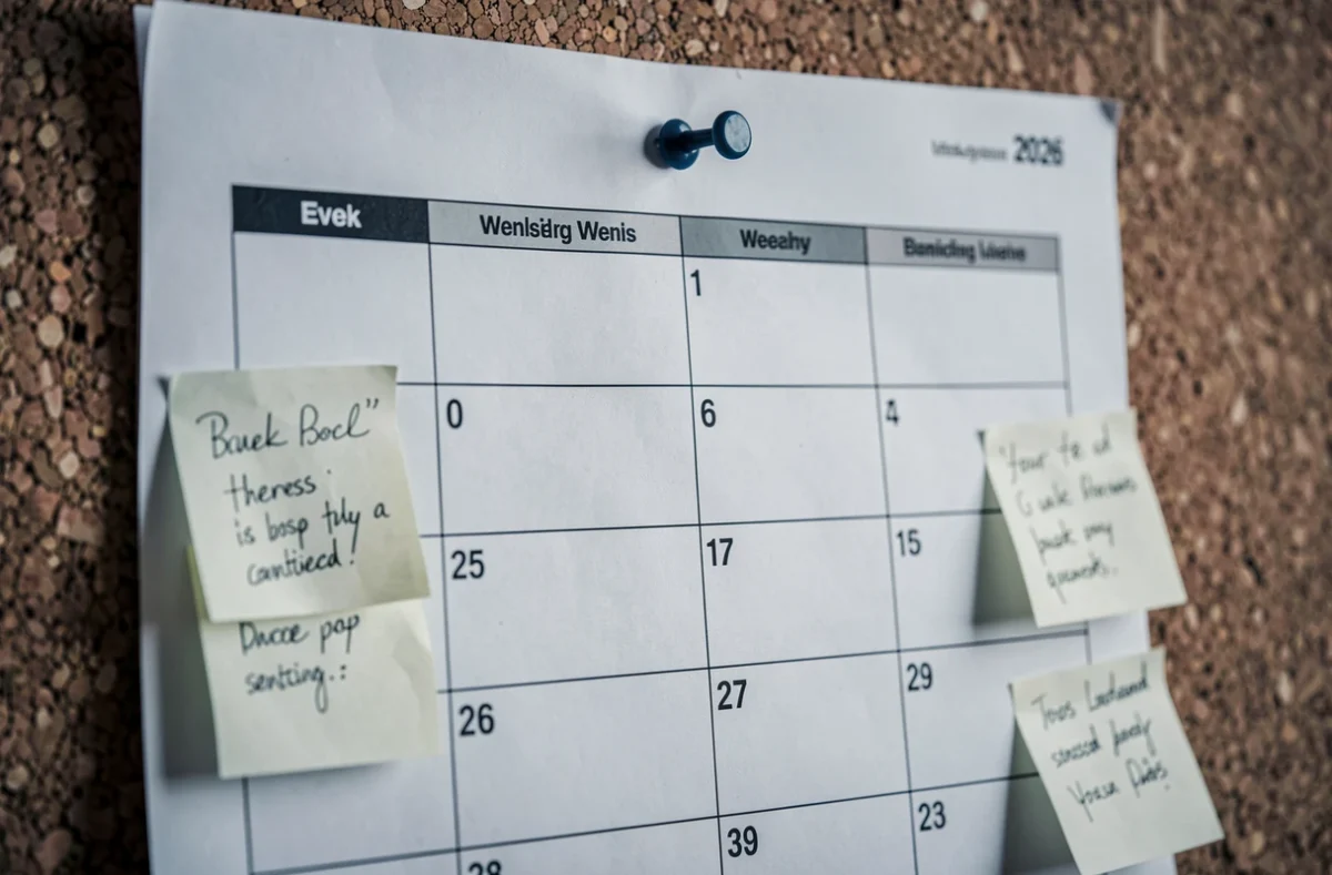 Gros plan sur un calendrier 2026 A4 épinglé avec numéros de semaines paires et impaires et notes autocollantes