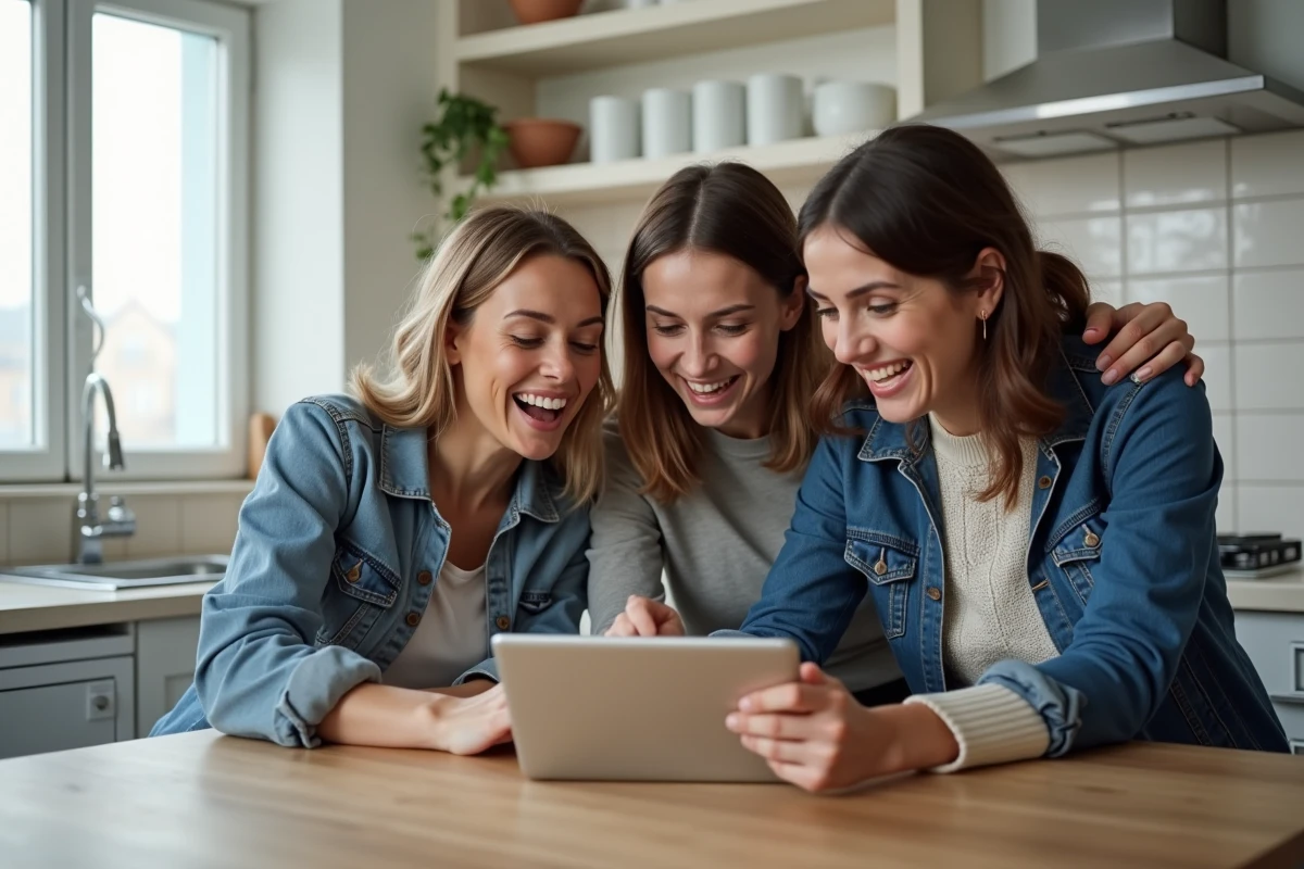 Groupe d'amis réunis autour d'une tablette dans une cuisine, discutant d'un sujet viral sur les réseaux sociaux lié à un animateur de télévision populaire