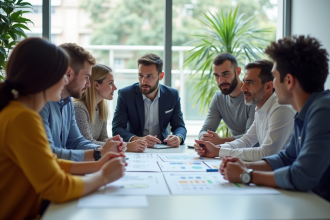 Groupe diversifié en réunion dans un bureau moderne