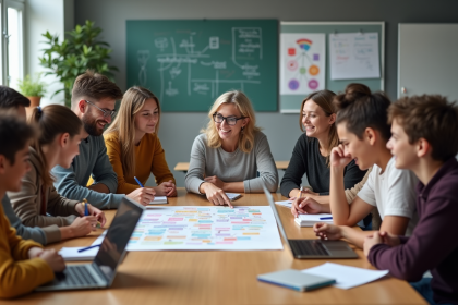 Groupe d'adultes et adolescents en discussion dans une classe moderne