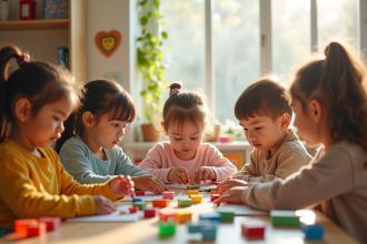 Enfants de différents âges travaillant ensemble dans une classe Montessori lumineuse