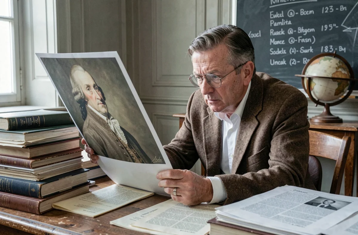 Historien examinant un portrait d'époque dans un bureau universitaire, enquêtant sur la filiation d'Henri IV