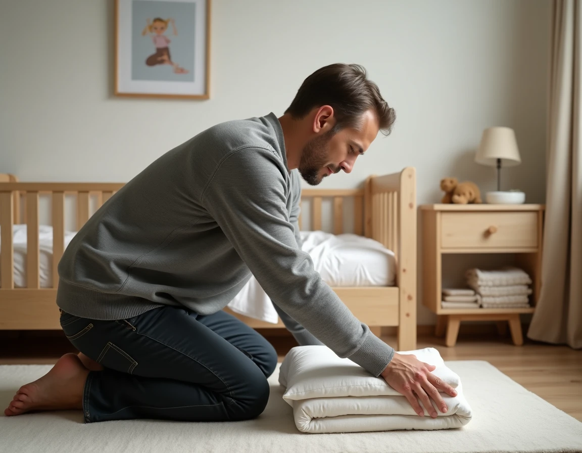 Homme préparant une chambre d'enfant avec émotion, symbolisant l'espoir de l'adoption