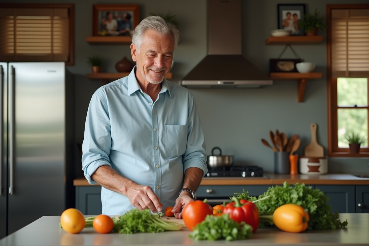 Homme en cuisine préparant des légumes avec concentration