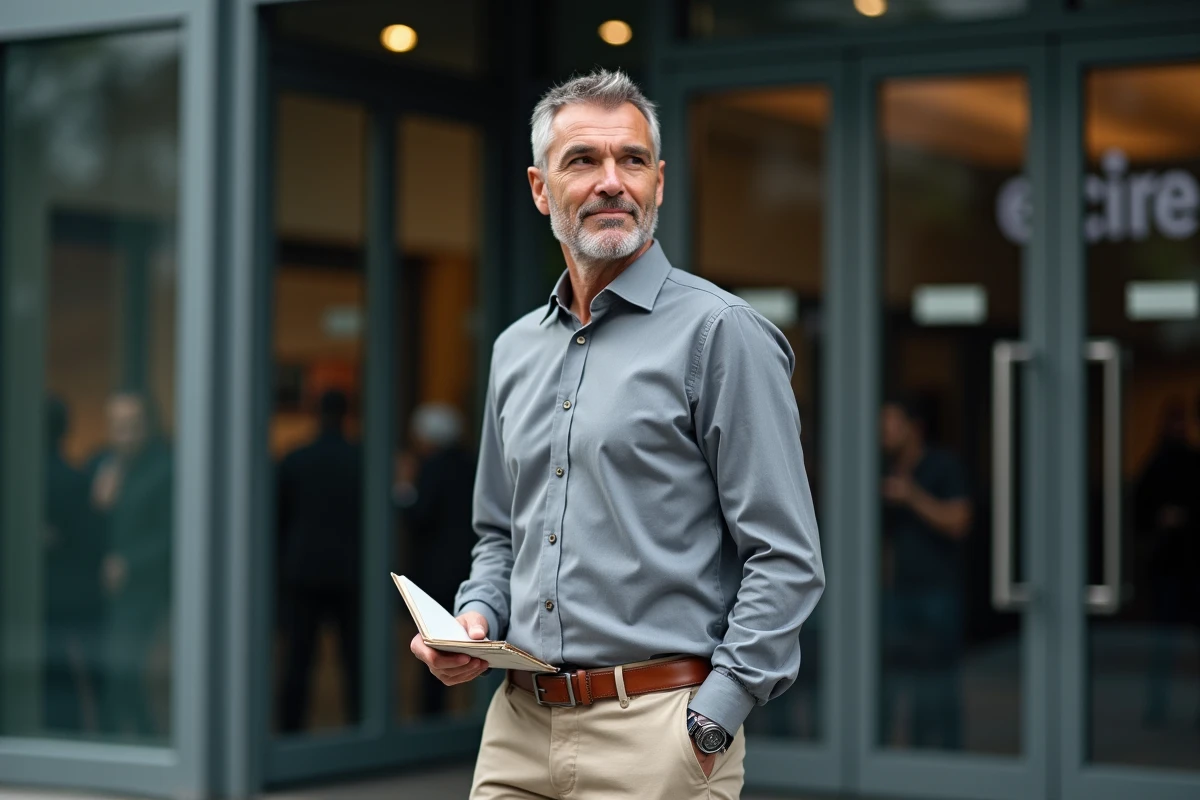 Homme posant devant l'entrée d'un studio de télévision, évoquant l'univers de la notoriété et des médias