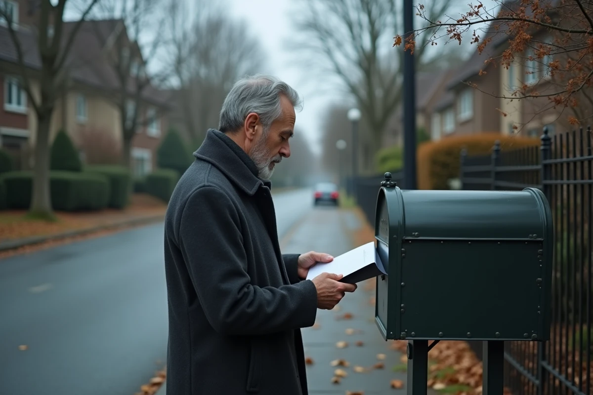 Homme glissant une lettre de condoléances dans une boîte aux lettres par une journée d'automne