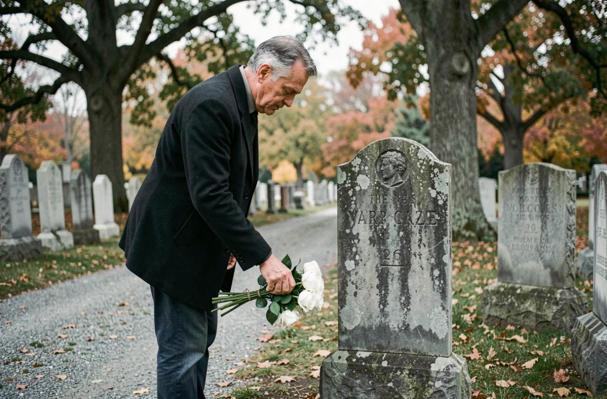 Homme déposant des roses blanches sur la tombe de son père dans un cimetière en automne