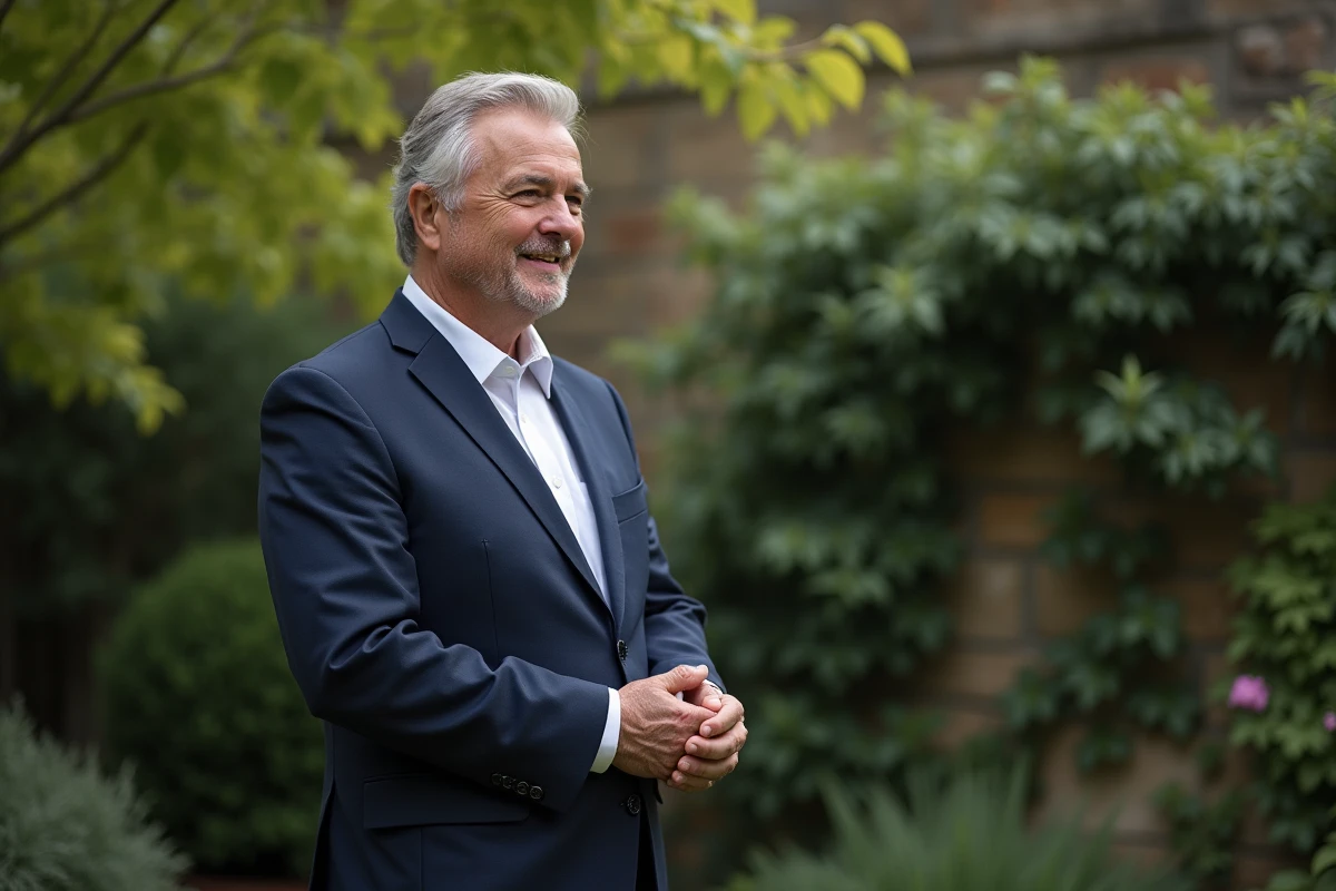 Homme souriant dans un jardin en extérieur
