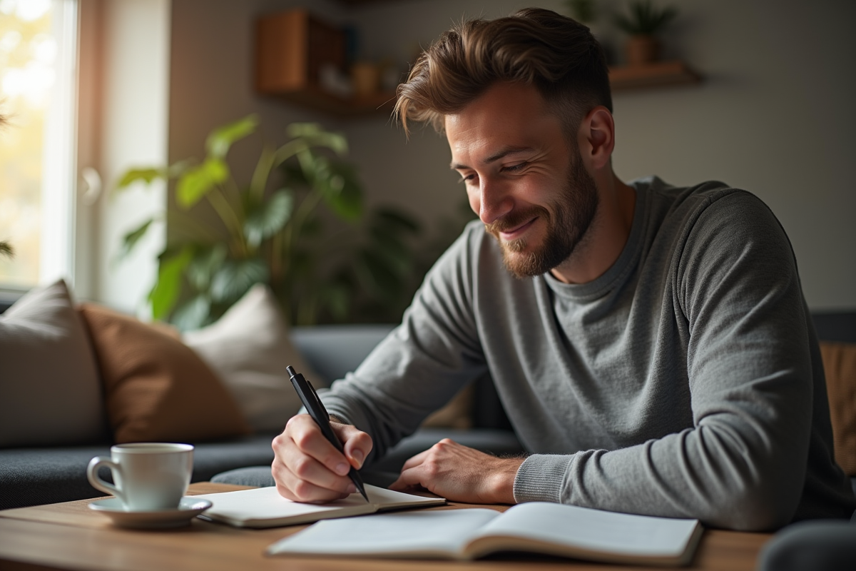 Homme à la maison écrit dans un journal avec une tasse de thé