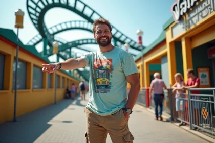 Homme souriant pointant vers montagnes russes à Walibi RhôneAlpes