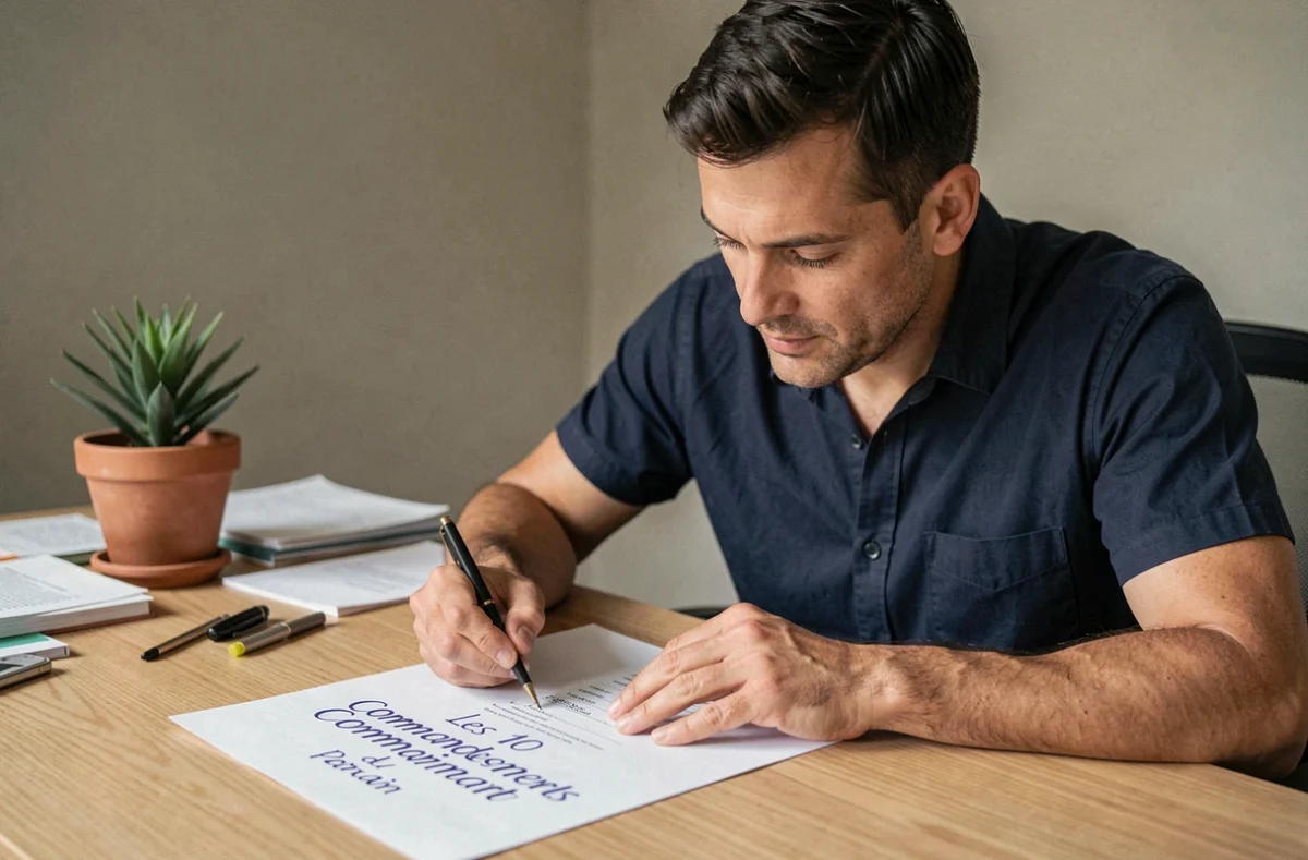 Homme personnalisant un document imprimé des 10 commandements du parrain à son bureau