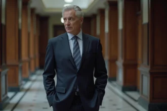 Homme politique en costume sombre dans un couloir institutionnel, illustrant la discrétion et la vie publique de Laurent Jacobelli