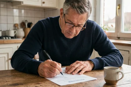 Homme remplissant à la main une attestation d'hébergement sur un formulaire papier officiel