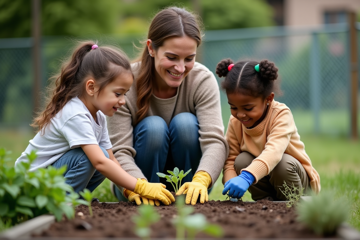 Éducatrice aidant deux enfants à planter dans un jardin scolaire
