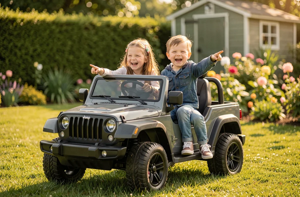 Deux enfants souriants dans une grande Jeep électrique jouet à deux places sur une pelouse de jardin