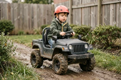 Enfant de 6 ans conduisant une Jeep électrique jouet dans un jardin avec chemin boueux et végétation