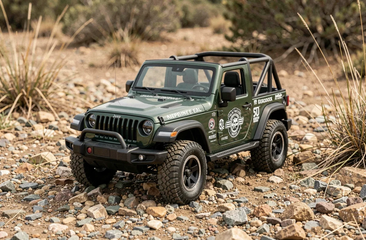 Jeep électrique jouet tout-terrain verte sur terrain rocailleux avec pneus crantés et pare-chocs renforcé