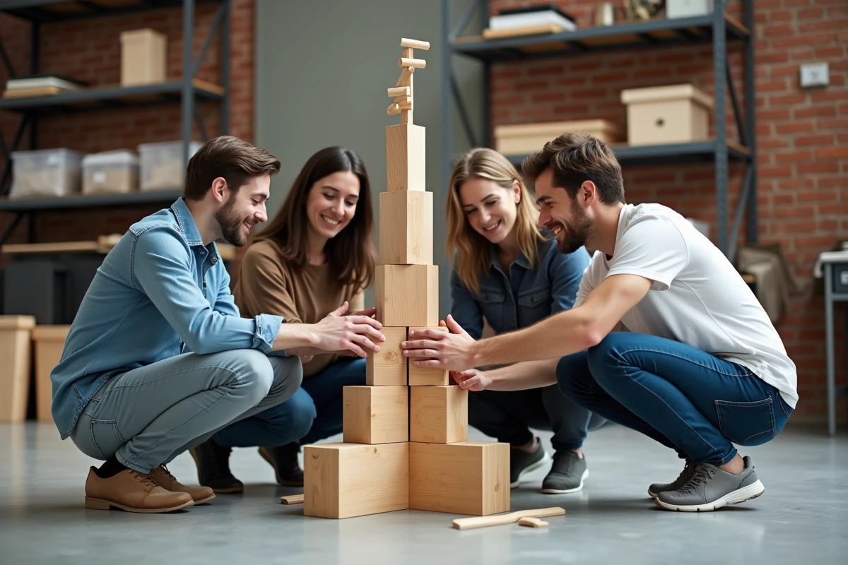 Quatre adultes en atelier collaborant sur un jeu de construction en bois pour développer l'esprit d'équipe