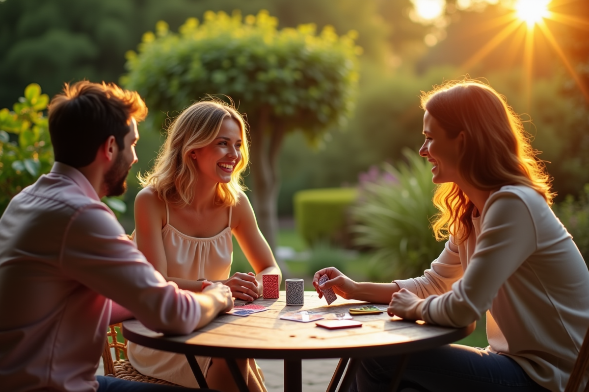 Groupe de trois personnes jouant au rummy en extérieur dans un jardin