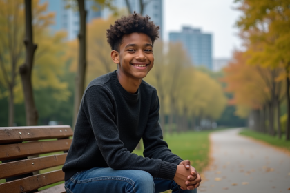Jeune garçon ado souriant dans un parc automnal