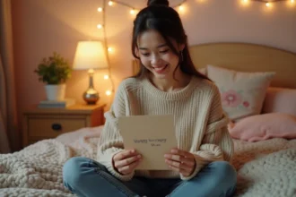 Jeune femme de 20 ans lisant une carte d'anniversaire manuscrite avec un sourire ému dans sa chambre décorée
