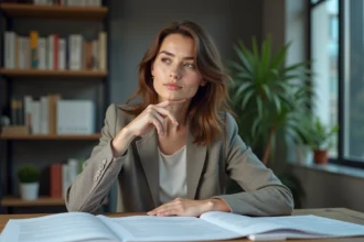 Jeune femme en bureau contemplant des documents