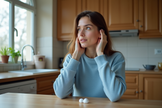 Jeune femme en sweater bleu met des bouchons d'oreilles dans sa maison