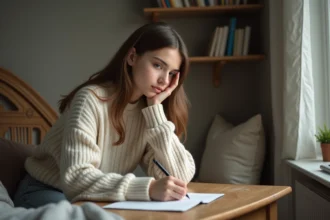 Jeune femme pensif écrivant une lettre à la main dans sa chambre