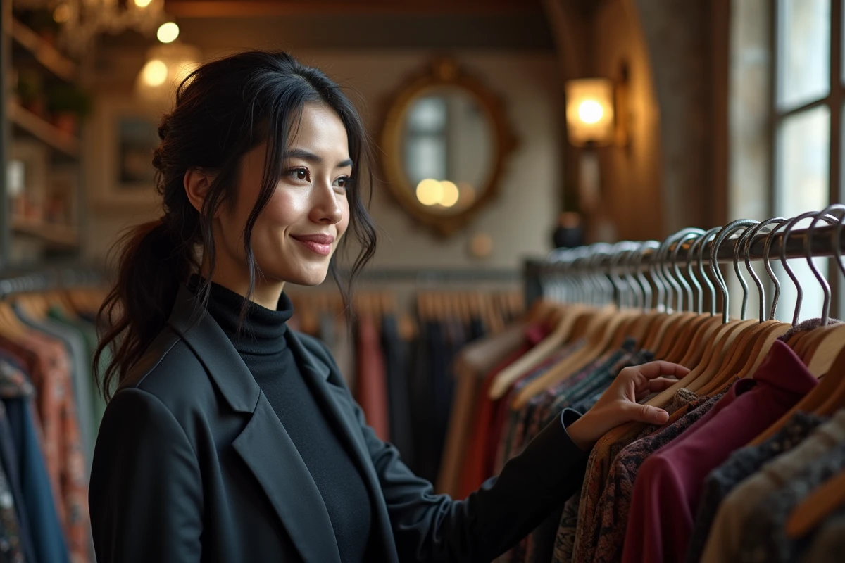 Jeune femme aux traits expressifs explorant une friperie vintage parisienne, entre héritage familial et identité propre