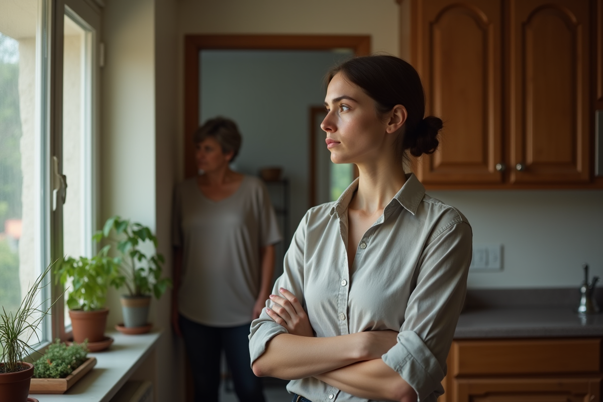 Jeune femme pensive dans une cuisine lumineuse