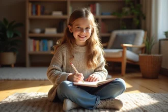 Jeune fille dessinant dans un salon lumineux et cosy