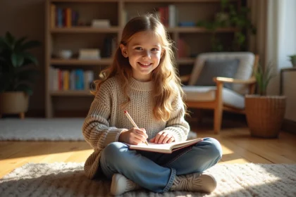 Jeune fille dessinant dans un salon lumineux et cosy
