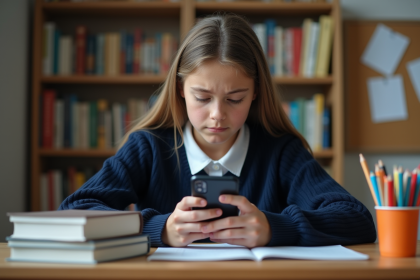 Jeune fille d'école regardant son téléphone dans sa chambre