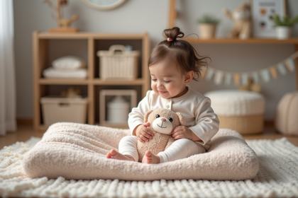 Petite fille en pyjama pastel dans une nurserie moderne