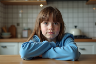 Jeune fille de 10 ans assise à la cuisine avec expression pensive