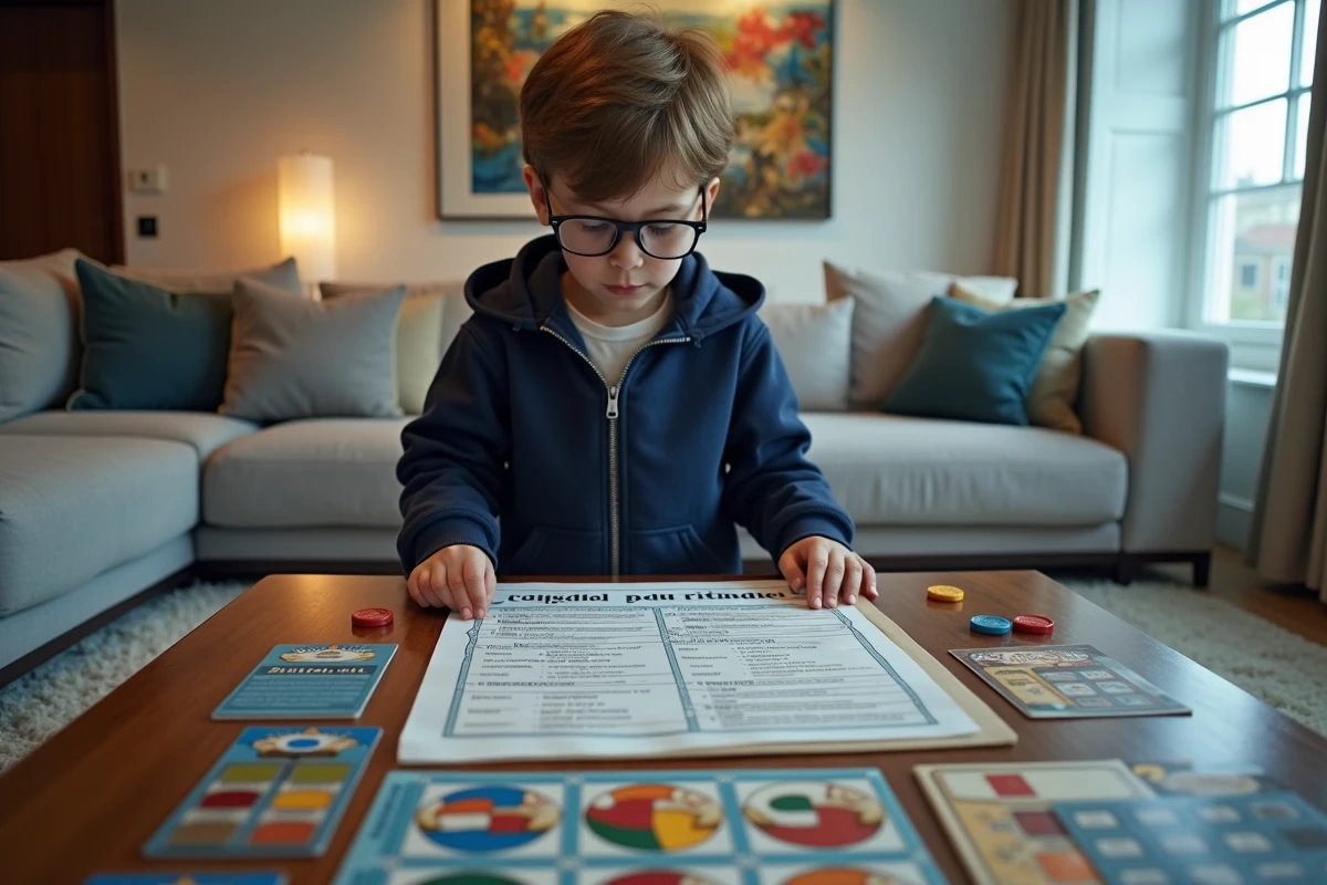 Jeune garçon observant le plateau de Trivial Pursuit avec curiosité