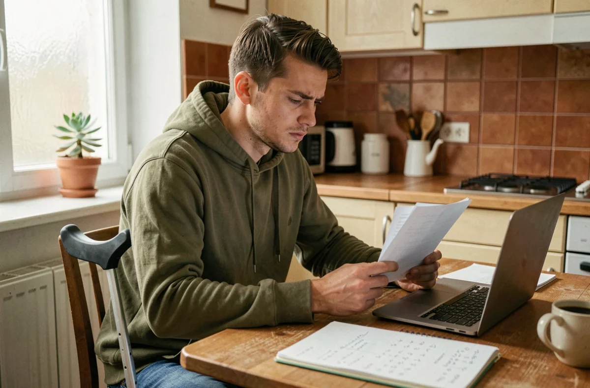Jeune homme en situation de handicap calculant ses droits au cumul AAH et allocation chômage à domicile avec des documents administratifs et un ordinateur portable