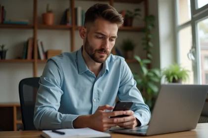 Jeune homme concentré utilisant son smartphone dans un bureau à domicile