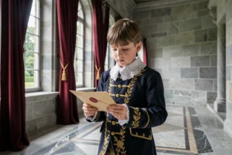 Jeune garçon en habits royaux du XVIIe siècle tenant une lettre cachetée dans un couloir de palais en pierre, symbolisant la jeunesse de Louis XIII après la mort d'Henri IV