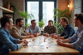 Groupe de collègues adultes jouant à un jeu coopératif autour d'une table en bois dans une salle de pause moderne