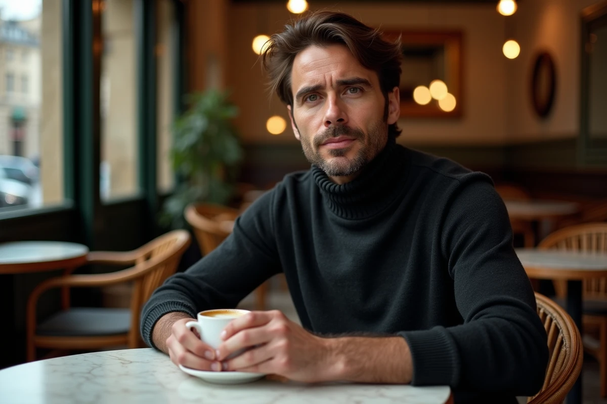 Journaliste français en pull col roulé dans une brasserie parisienne traditionnelle, portrait biographique authentique