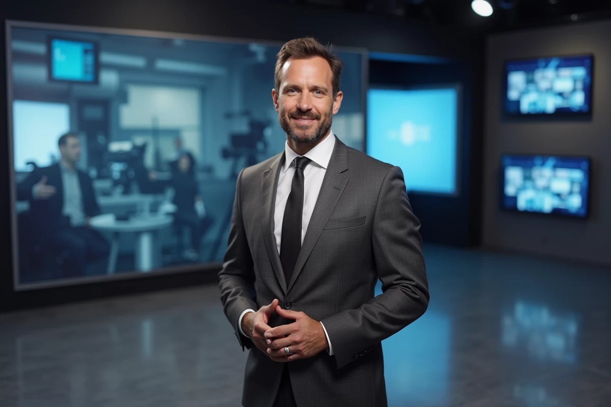 Journaliste de télévision français en studio de tournage professionnel, tenue en costume gris anthracite