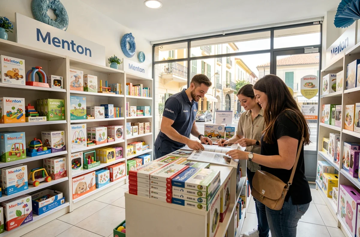 King Jouet Boutique à Menton, enseigne spécialisée en jouets avec des rayons organisés et un employé conseillant des clients